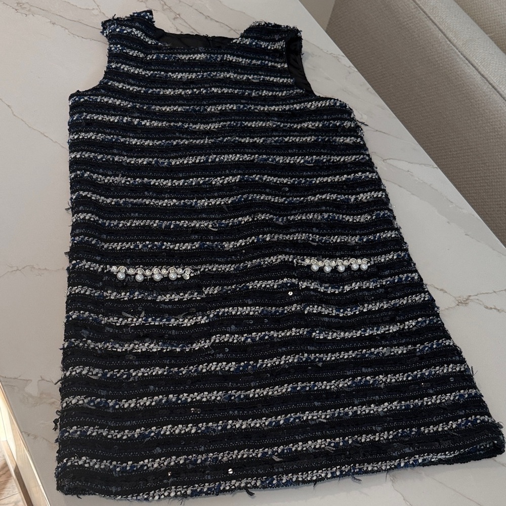 Bardot Navy and White Striped Tweed Dress with Pearl Trim